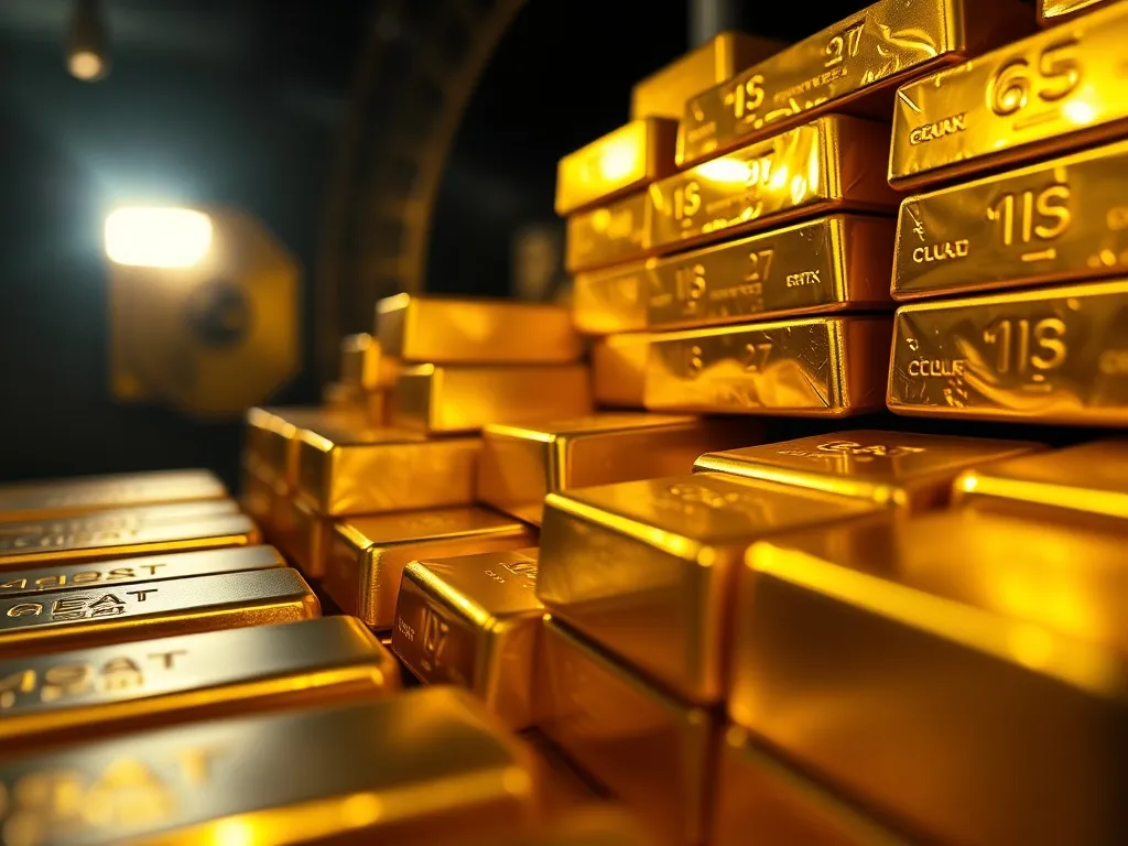 Close-up of professional gold bars in a secure vault, focus