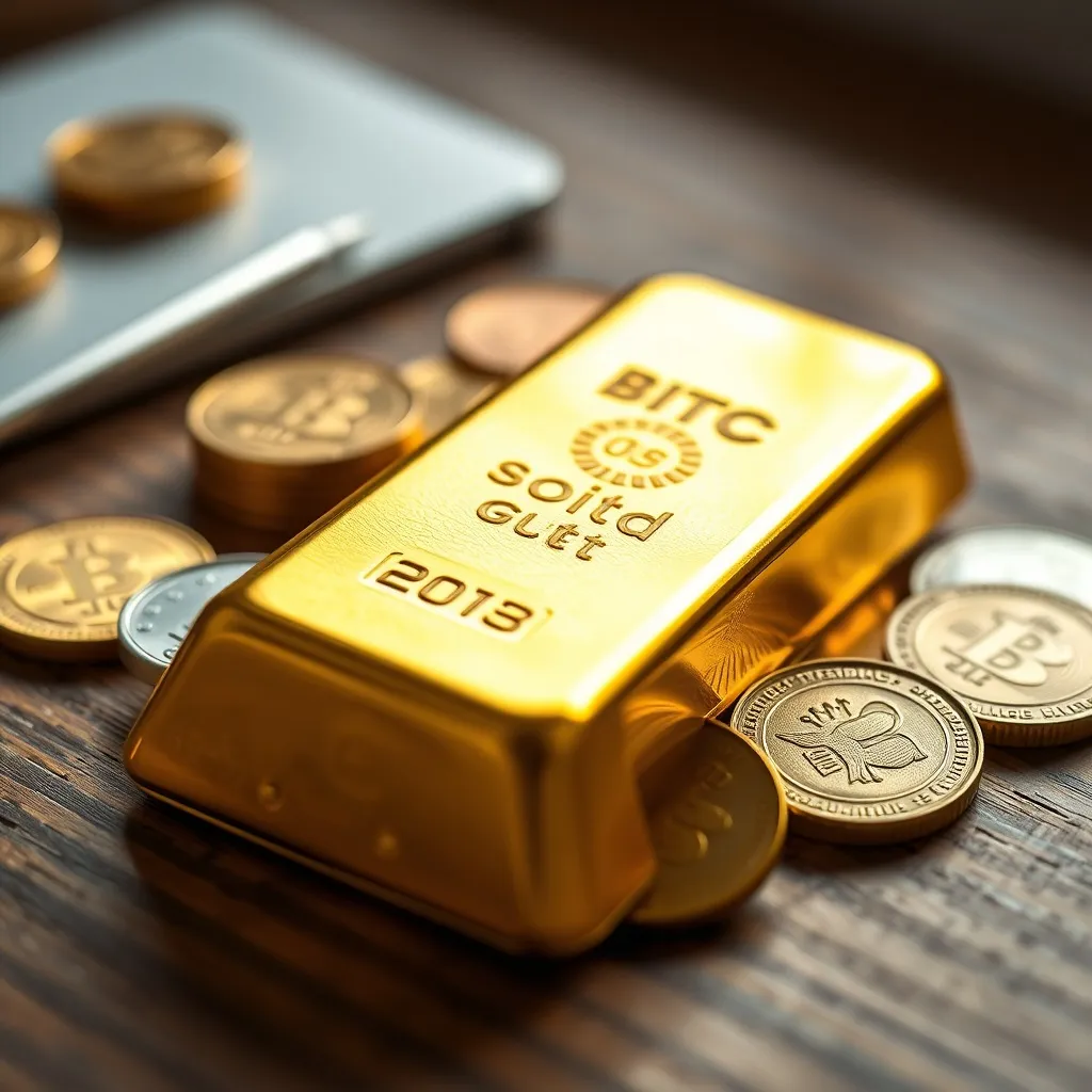 Close up of gold bars and rare coins on a wooden desk, soft