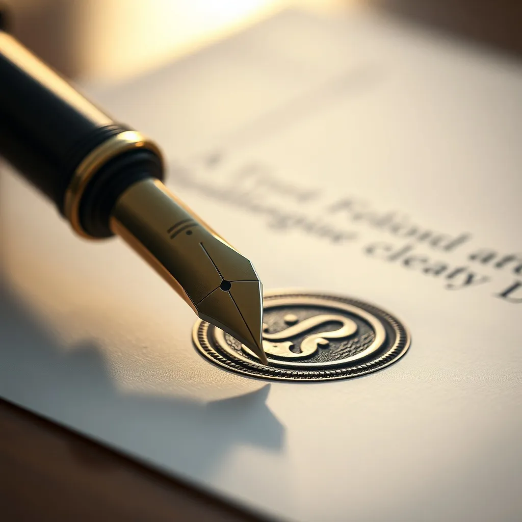A close up of a fountain pen on a legal document with a seal